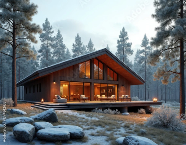 Obraz A cozy and modern cabin beautifully nestled in the enchanting snowy woods, perfect for winter getaways or retreats
