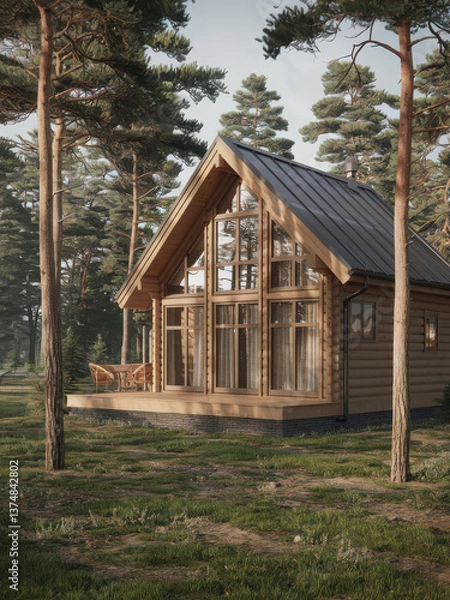 Obraz A picturesque wooden cabin nestled in a serene pine forest, perfect for nature retreats from everyday life