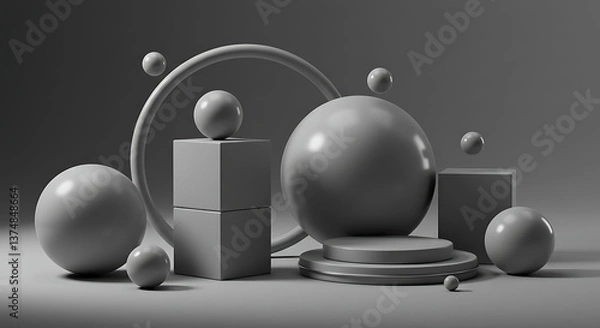 Fototapeta A grayscale abstract composition with geometric shapes, spheres, and soft lighting.
