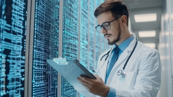 Fototapeta A focused doctor analyzes data on a digital screen, showcasing the intersection of healthcare and technology in a modern medical environment.