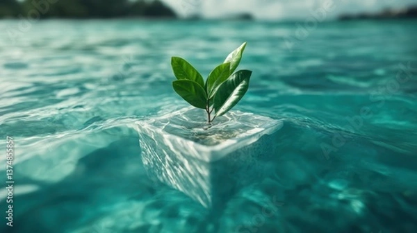Obraz A resilient plant grows in tranquil ocean waters, symbolizing hope and sustainability. The clear water enhances the beauty of nature, encapsulating life in its purest form.