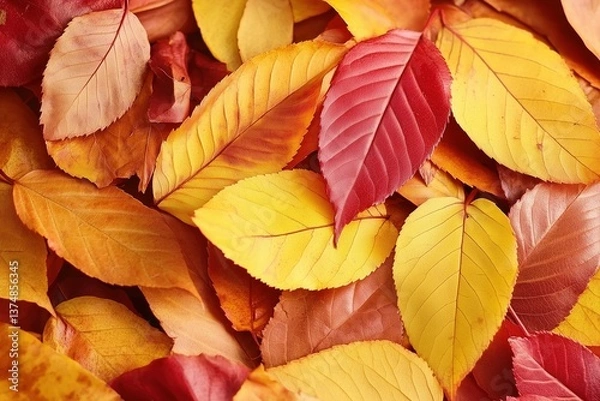 Fototapeta Pile of Colorful Autumn Leaves in Red Yellow and Orange on The Ground Surface