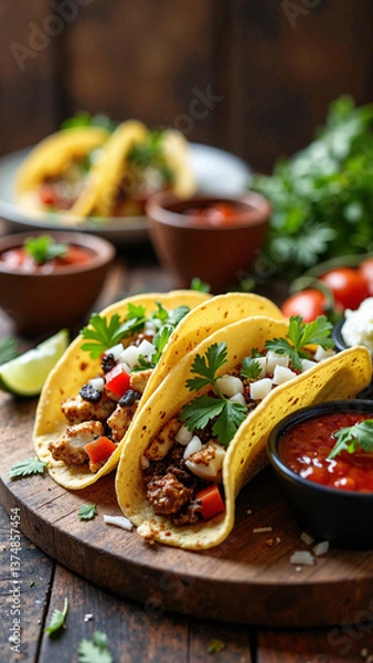 Obraz Vibrant flat-lay of fresh tacos with assorted fillings and toppings isolated on transparent background, perfect for menus, food blogs, and Mexican cuisine ads    keywords:   tacos, Mexican, food, 