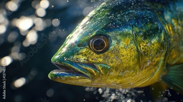 Obraz A close-up of a Mahi Mahi fish captured during a fishing expedition, showcasing its unique colors