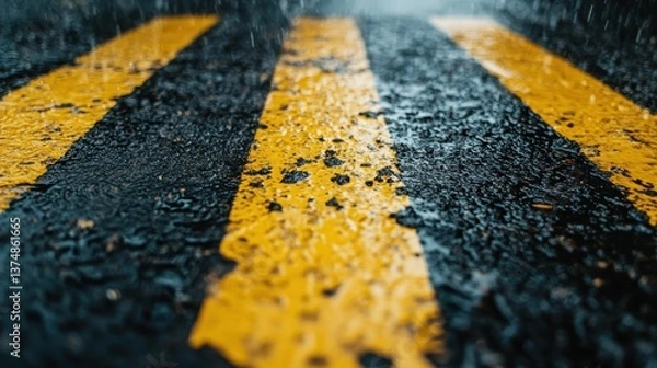 Obraz A striking image of wet yellow stripes on a rainy street, capturing the mood and aesthetics of a damp urban environment, where nature meets city life.