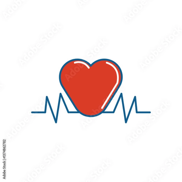 Fototapeta Flat Vector Illustration of a Red Heart with Cardiogram Line Representing Heartbeat and Health Monitoring