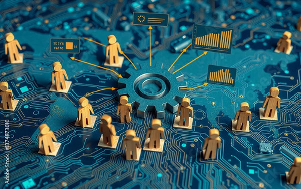 Fototapeta Wooden figures on a circuit board are connected to a central gear and data charts, representing a technological network and data analysis.