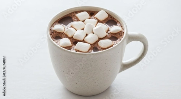 Fototapeta Warm Cup of Hot Cocoa with Mini Marshmallows on White Background