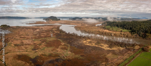 Obraz Aerial drone view of the North Fork of the Skagit River delta area. Hiking trails and bird watching make this a destination for nature lovers in this beautiful area of the Skagit Valley, Washington.