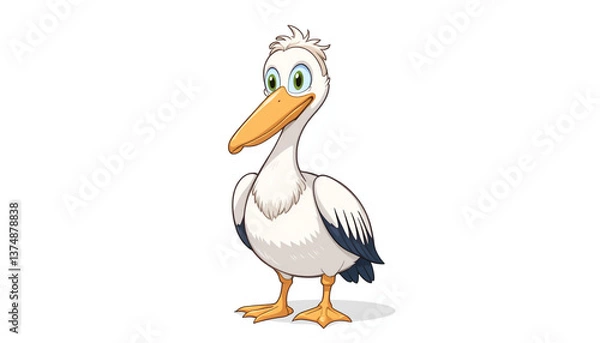 Fototapeta A cheerful pelican, full of coastal charm, stands proudly against a bright white background with simple, clean lines.