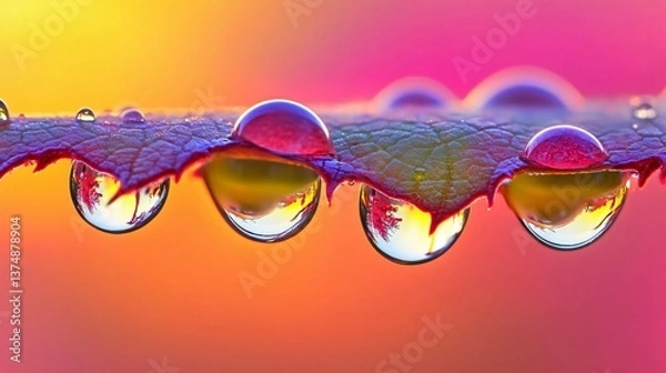 Fototapeta Water Drops on Leaf Reflecting Trees with Colorful Background
