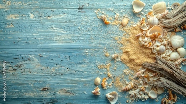 Fototapeta Seashells and driftwood on a rustic blue wooden surface evoke a serene coastal summer scene.