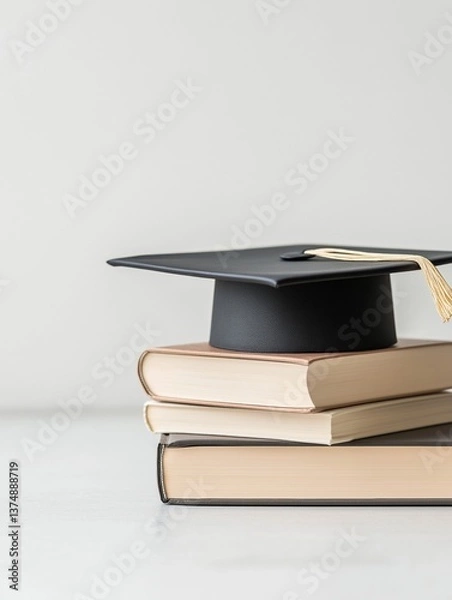 Fototapeta Stack of three books with a black graduation cap on top. the books are of different sizes and colors - one is beige, one is brown, and one is black.