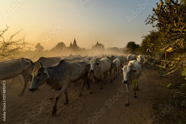 Fototapeta way of life, many cows are going to home in the evening,, Nyaungu city, Myanmar