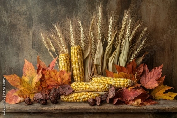 Fototapeta Vibrant autumn elements like corn, wheat, and colorful leaves are artistically arranged on a rustic wooden surface, celebrating the harvest Generative AI