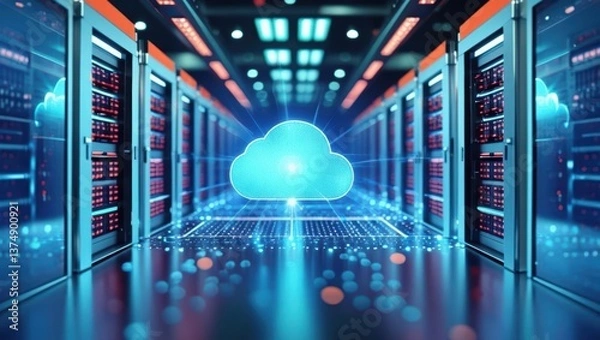 Obraz Futuristic Server Room Showcasing Modern Digital Technology With Glowing Cloud Icon, Representing Hybrid Cloud Network And Serverless Architecture.
