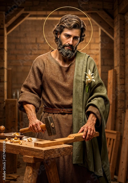 Fototapeta Saint Joseph as a carpenter, in a carpentry workshop working with instruments

