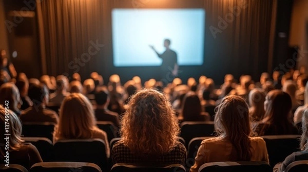 Fototapeta Audience at a Conference Listening to a Presentation in a Darkened Theater