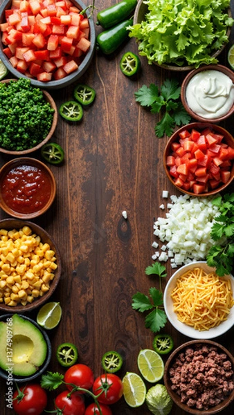 Obraz High-resolution top-view taco bar with fresh ingredients isolated on transparent background, perfect for menus, food blogs, and Mexican cuisine promotions    keywords:   taco, bar, ingredients, fresh