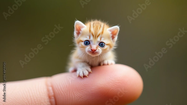 Obraz Tiny Orange Kitten Sitting on a Finger - Generative AI