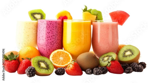 Fototapeta Assorted fruit smoothies in vibrant colors,Transparent background, PNG file,