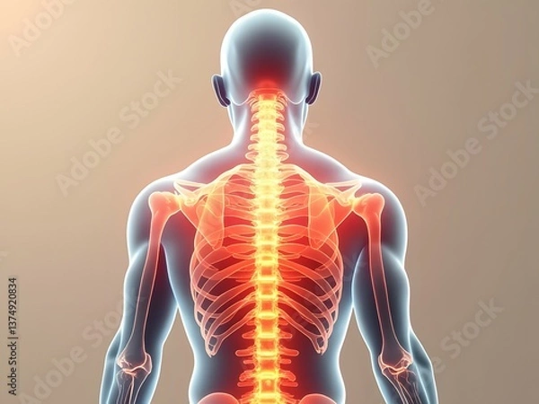 Obraz Upper back anatomy, spine and ribcage illustration, cervical and thoracic spine, inflamed vertebrae, medical visualization, upper back pain concept, rear view