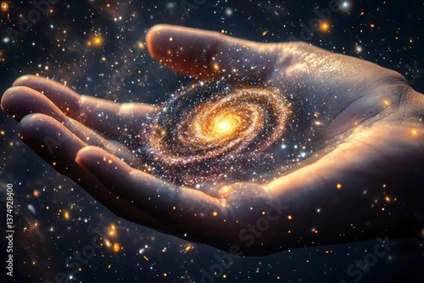 Fototapeta Hand of God holding a galaxy, symbolic spiritual image of creation and divine power
