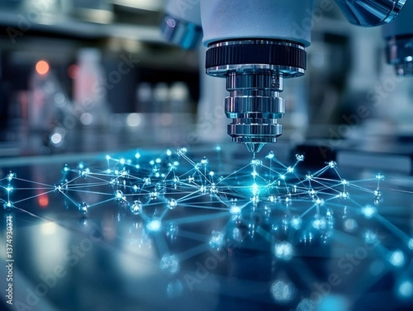 Fototapeta A high-powered microscope lens focuses on a complex network of glowing blue nodes and connections on a glass surface in a modern scientific