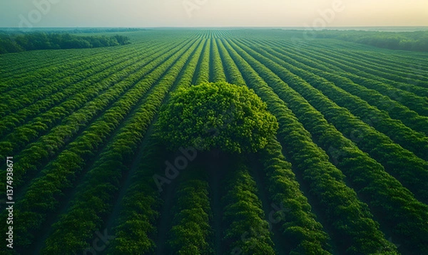 Fototapeta Aerial View of Lush Green Farm Field Rows Under Sunlight