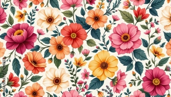 Fototapeta Floral Wallpaper Design A seamless floral pattern for wallpaper, featuring an array of blooms in complementary colors and styles for an inviting home atmosphere.