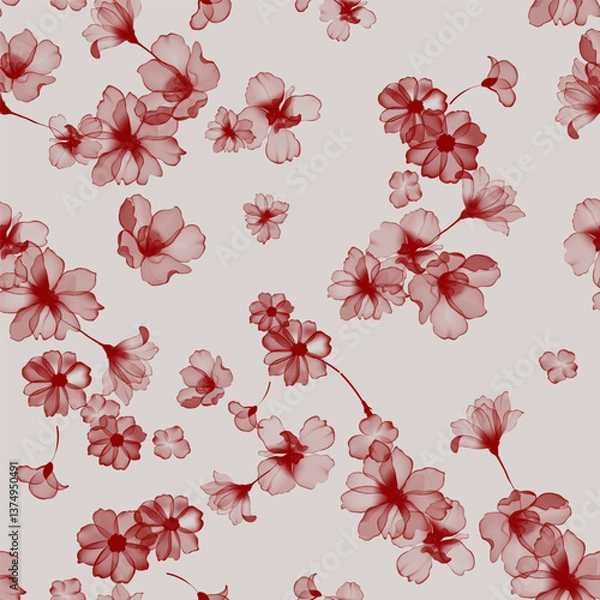 Obraz Floral seamless pattern features translucent red flowers on a light brown background. The flowers have a painterly, slightly abstract quality