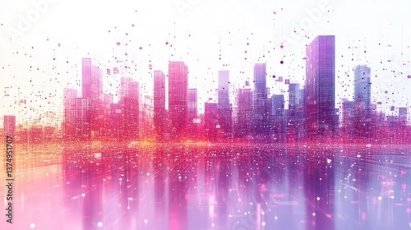 Fototapeta Vibrant City Skyline with Abstract Digital Effects and Reflections
