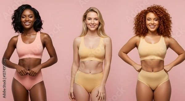 Obraz Three Diverse Women in Underwear Smiling on Pink Background