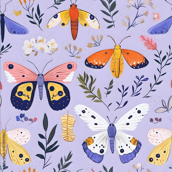 Fototapeta A seamless pattern with colourful moths their wings adorned in various shades set against a light purple background adorned with delicate flowers and foliage