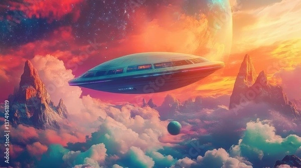 Fototapeta Cosmic Encounter: A mesmerizing illustration depicts a futuristic UFO gracefully navigating a celestial panorama, set against a backdrop of vibrant, dreamlike colors and otherworldly landscapes. 