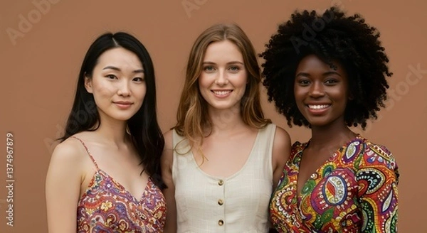 Obraz Diverse Group of Young Women Smiling Together on Brown Background