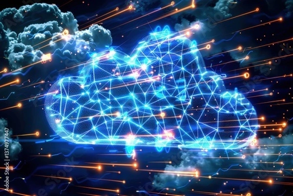Fototapeta A glowing digital cloud surrounded by bright lines and clouds, representing cloud computing and data flow.
