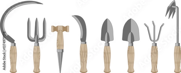 Fototapeta Garden tools set. Garden tools with wooden handle. Vector illustration isolated on white.