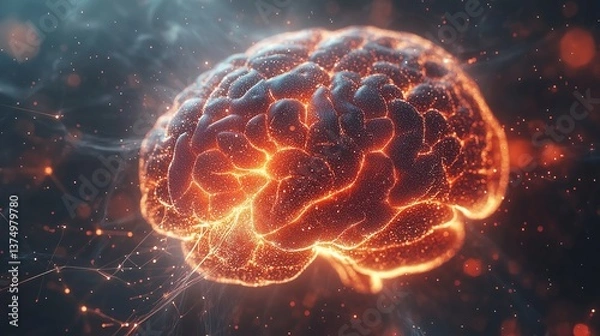 Fototapeta 4K scifi human brain formed from particles with glowing neural connections
