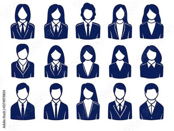 Fototapeta Minimalist vector illustration of a business avatar set, featuring office professionals in simple blue line art on a clean white background, ideal for profile pictures and social media