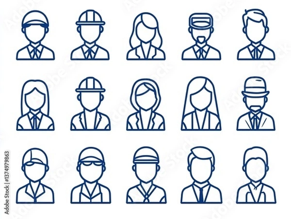 Fototapeta Minimalist vector illustration of a business avatar set, featuring office professionals in simple blue line art on a clean white background, ideal for profile pictures and social media