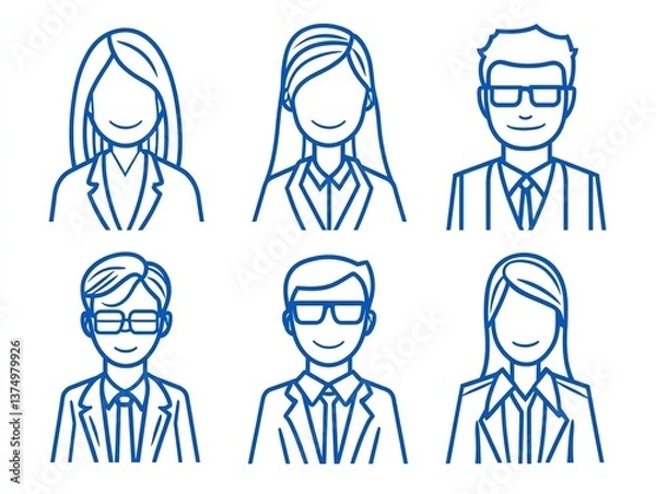 Obraz Minimalist vector illustration of a business avatar set, featuring office professionals in simple blue line art on a clean white background, ideal for profile pictures and social media
