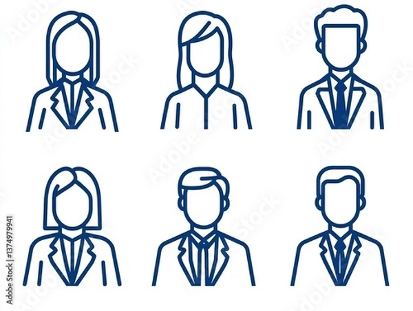 Fototapeta Minimalist vector illustration of a business avatar set, featuring office professionals in simple blue line art on a clean white background, ideal for profile pictures and social media