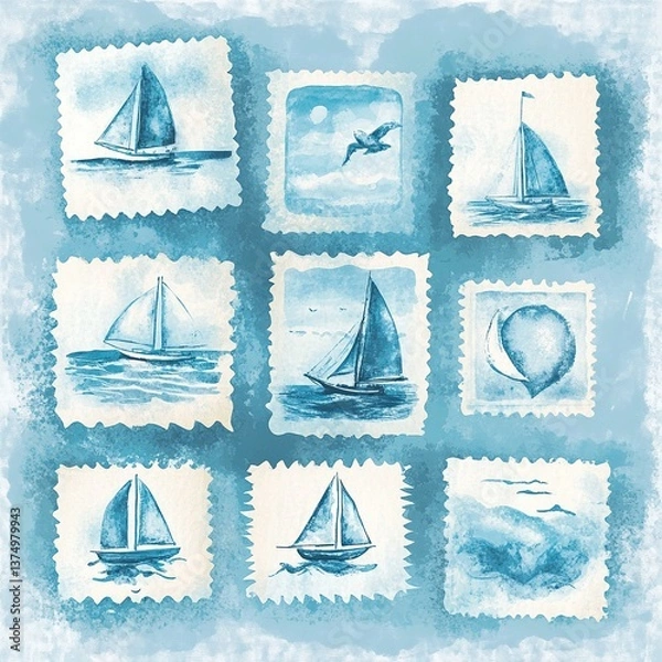 Obraz Elegant stamp graphic design with a retro marine theme, presented in a watercolor style with light blue tones, meticulously crafted with flawless and crisp details