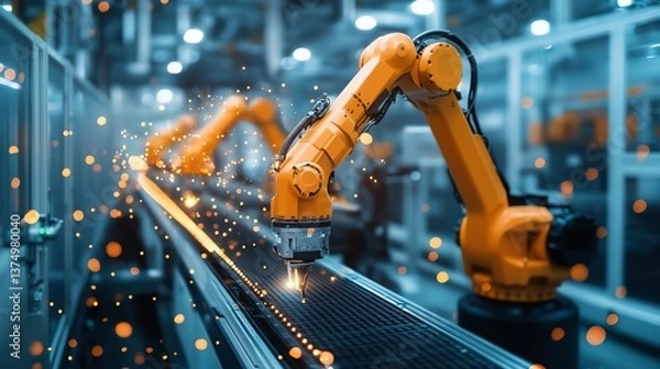 Fototapeta Smart Industry Robot Arms in Digital Factory - Industry 4.0 Automation Process Visualization