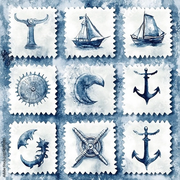 Obraz Elegant stamp graphic design with a retro marine theme, presented in a watercolor style with light blue tones, meticulously crafted with flawless and crisp details