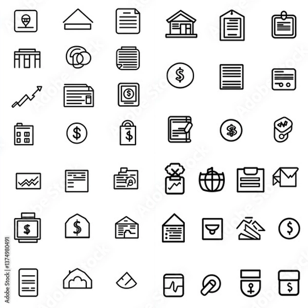 Fototapeta Outline icon set featuring essential  industry symbols, crafted with black lines on a minimal white background, perfect for UI/UX design, app interfaces, and clean, fresh design aesthetics.