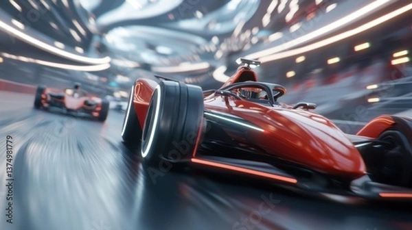 Fototapeta A dynamic and captivating scene of a futuristic race track with sleek, high-tech Formula 1 cars powered by advanced intelligence technologies.