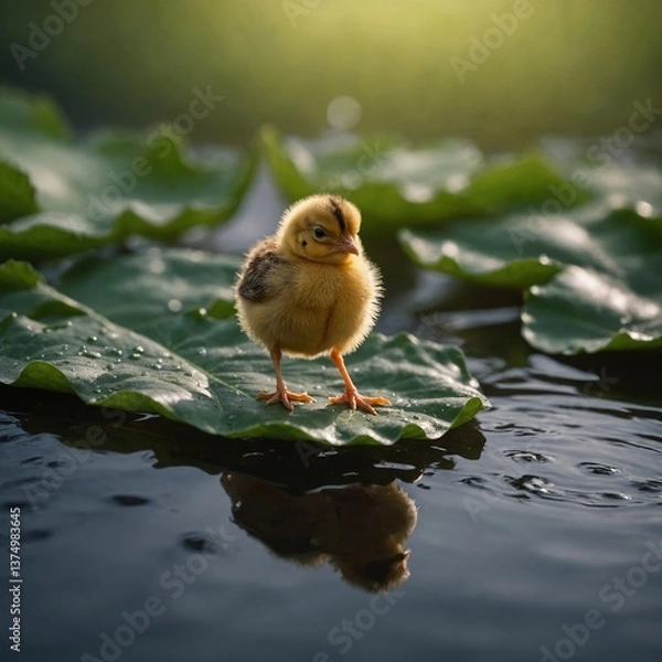 Fototapeta A tiny chick standing on a floating leaf.
