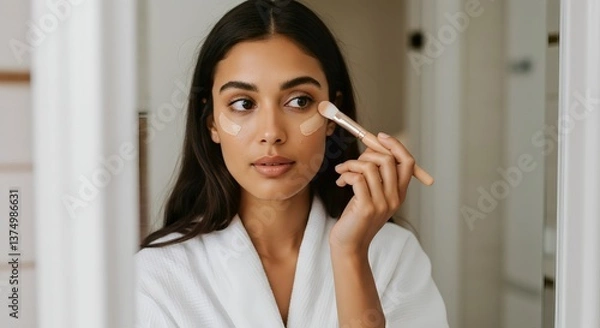 Obraz Woman Applying Foundation with Brush in Bathroom